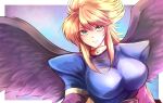  1girl any813 blonde_hair breasts breath_of_fire breath_of_fire_ii closed_mouth feathered_wings green_eyes highres long_hair looking_at_viewer nina_(breath_of_fire_ii) purple_wings solo wings 