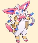  2021 ambiguous_gender blue_eyes blush blush_lines clothing coat eeveelution eye_glint feral fur furgonomics furrowed_brow hi_res kemono nintendo open_mouth park_horang pink_body pink_fur pink_tail pok&eacute;mon pok&eacute;mon_(species) raincoat ribbons simple_background solo standing sylveon tan_background topwear video_games white_body white_fur 