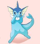  &gt;:3 2021 ambiguous_gender blue_body blue_eyes blush blush_lines eeveelution eye_glint furrowed_brow hi_res kemono nintendo park_horang pawpads pink_background pink_pawpads pok&eacute;mon pok&eacute;mon_(species) shaded simple_background simple_shading solo standing vaporeon video_games 