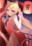  1girl absurdres animal_ears bangs blonde_hair breasts china_dress chinese_clothes chinese_zodiac dress eyes_visible_through_hair feet_out_of_frame from_side happy_new_year highres long_hair looking_at_viewer new_year open_mouth original paw_pose purple_eyes red_dress simple_background small_breasts smile solo standing tail tiger_ears tiger_tail twintails yanwulazy year_of_the_tiger 