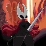  anthro arthropod black_body breasts cape clothing female holding_object holding_weapon hollow_knight hornet_(hollow_knight) insect lava needle_(disambiguation) nipples poraka7 solo string team_cherry thick_thighs video_games weapon 