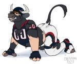  all_fours anthro binturongboy bottomwear bovid bovine breath cattle clenched_teeth clothing eyes_closed football_helmet football_player football_uniform hg3300 hooves horn houston_texans human human_to_anthro male mammal nfl pants simple_background solo species_transformation tail_tuft teeth torn_clothing transformation tuft white_background 