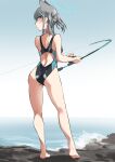  1girl absurdres animal_ears ass back bare_shoulders barefoot blue_archive blush breasts cat_ears competition_swimsuit fishing_rod fukuinu grey_hair hair_ornament hairclip halo highres ocean one-piece_swimsuit shiroko_(blue_archive) solo swimsuit twintails 