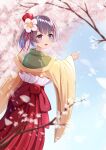  1girl absurdres aqpaca bangs blunt_bangs bow branch cherry_blossoms commentary_request flower frilled_skirt frills green_kimono hair_flower hair_ornament hakama hakama_skirt hieda_no_akyuu highres japanese_clothes kimono layered_clothes layered_kimono long_sleeves looking_at_viewer looking_back open_mouth outdoors pointing purple_eyes purple_hair red_bow red_hakama red_sash red_skirt sash short_hair skirt solo touhou upper_body wide_sleeves yellow_kimono 