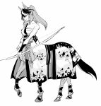  1girl animal_ears armor bow_(weapon) centaur commentary commentary_request ear_covers greyscale hadanugi_dousa high_ponytail highres holding holding_bow_(weapon) holding_weapon horse_ears horse_tail japanese_armor japanese_clothes kimono kote long_hair looking_at_viewer monochrome monsterification multicolored_hair partial_commentary sarashi single_ear_cover solo suneate symboli_rudolf_(archer_of_the_white_moon)_(umamusume) symboli_rudolf_(umamusume) tail takatsuki_nato taur umamusume weapon 