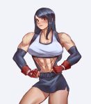  1girl abs absurdres belt black_hair breasts elbow_sleeve encariah1 final_fantasy final_fantasy_vii gloves hand_on_hip highres large_breasts long_hair muscular muscular_female skirt solo suspender_skirt suspenders tank_top tifa_lockhart white_background 