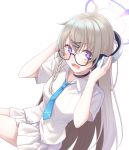  1girl blue_archive blue_necktie braid glasses hair_ornament halo headphones highres invisible_chair kotama_(blue_archive) midorino_eni necktie pleated_skirt school_uniform shirt simple_background sitting skirt solo sweat white_background white_shirt white_skirt x_hair_ornament 