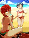  2girls back barefoot beach bikini blue_hair blue_sky cloud cloudy_sky feet food fruit highres legs multiple_girls popsicle ranma-chan ranma_1/2 red_hair sand short_hair sky swimsuit tendou_akane toes watermark watermelon yuri01140527 