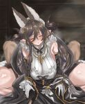  1boy 1girl animal_ears bangs black_dress black_sleeves blue_hair blush breasts breath brown_hair brown_horns closed_eyes closed_mouth clothed_female_nude_male commentary_request cowgirl_position detached_sleeves dress extra_ears full_body galleon_(granblue_fantasy) girl_on_top gloves granblue_fantasy hair_between_eyes hetero highres horns large_breasts long_hair multicolored_hair nude pointy_ears pov rabbit_ears sagging_breasts sema_(mekemeke_king) sex sleeveless sleeveless_dress smile solo_focus straddling streaked_hair thick_thighs thighs two-tone_dress very_long_hair white_dress white_gloves 