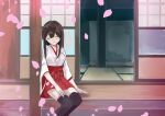  1girl akagi_(kancolle) akagi_kai_ni_(kancolle) brown_hair cherry_blossoms closed_eyes commentary_request hakama hakama_short_skirt hakama_skirt highres japanese_clothes kantai_collection kurou_oruha long_hair petals pillar red_hakama skirt sleeping sliding_doors solo straight_hair tasuki tatami veranda 