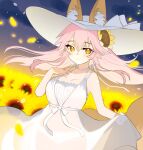  1girl animal_ear_fluff animal_ears bangs blush breasts clothes_lift cowboy_shot dress ears_through_headwear fate/extra fate_(series) flower fox_ears fox_girl fox_tail hair_between_eyes hair_flower hair_ornament hand_on_own_chest hat large_breasts long_hair looking_at_viewer night night_sky outdoors panties petals pink_hair ribbon see-through see-through_dress shadow sidelocks skirt skirt_lift sky smile solo standing sun_hat sunflower sunflower_hair_ornament tail tamamo_(fate) tamamo_no_mae_(fate/extra) tsukimi_okayu underwear white_dress white_headwear white_panties white_ribbon yellow_eyes 