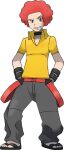  1boy afro belt black_choker black_legwear choker collarbone collared_shirt flint_(pokemon) full_body grey_eyes grey_pants hands_in_pockets looking_to_the_side loose_pants male_focus official_art pants pokemon pokemon_(game) pokemon_dppt red_belt red_hair sandals shirt short_sleeves smile solo standing sugimori_ken toes transparent_background yellow_shirt 