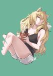  1girl animal_ears arknights bangs bare_arms bare_shoulders black_tank_top blonde_hair commentary cup green_background green_eyes hair_between_eyes highres holding holding_cup long_hair looking_at_viewer messy_hair mug one_eye_closed peppsi_(saba_sabasuk0) short_shorts shorts simple_background solo swire_(arknights) tank_top thighs tiger_ears very_long_hair white_shorts 