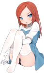  1girl :o animification apex_legends ashleigh_reid black_panties blue_dress blue_eyes blush brown_hair dress gloves hand_on_own_thigh highres looking_at_viewer nagoooon_114 open_mouth panties sitting solo thighhighs underwear white_background white_gloves white_legwear 