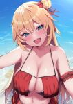  1girl :d akai_haato bangs bare_shoulders beach bikini blonde_hair blue_eyes blush breasts cleavage collarbone day hair_between_eyes hair_bun hair_ornament halterneck haruyuki_(yukichasoba) heart heart_hair_ornament highres hololive large_breasts long_hair looking_at_viewer navel ocean open_mouth outstretched_arms red_bikini red_swimsuit single_hair_bun single_side_bun smile solo stomach swimsuit upper_body very_long_hair virtual_youtuber water 