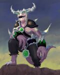  2022 6_eyes absurd_res anthro armor black_armor black_bottomwear black_clothing black_pants bottomwear claws clock clothed clothing digital_media_(artwork) dragon green_eyes green_markings hi_res horn lindworm_(monster_legends) male markings monster monster_legends multi_eye no_pupils open_mouth pants purple_body smile socialpoint solo sunrise t-ace_juice teeth watch white_armor 