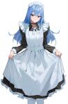  1girl alternate_costume apron bangs black_choker blue_eyes blue_hair blush choker closed_mouth enmaided frills highres hololive hoshimachi_suisei light_smile long_hair long_sleeves looking_at_viewer maid maid_headdress neck_ribbon raeis ribbon simple_background skirt_hold virtual_youtuber white_apron white_background white_legwear white_ribbon 