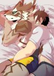  abs anthro bed brown_body brown_fur brown_hair canid canine canis clothed clothing duo embrace fur furniture green_eyes hair hi_res hug human human_on_anthro interspecies jackal lifewonders male male/male mammal muscular muscular_anthro muscular_male nokia1124_a seth_(tas) shirt tokyo_afterschool_summoners topwear underwear underwear_only video_games white_body white_clothing white_fur white_shirt white_topwear 