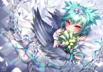  1girl bangs bare_shoulders black_feathers black_wings blush bouquet breasts claws commission dress feathers flower garter_straps green_hair hair_between_eyes harpy holding holding_bouquet indie_virtual_youtuber lincoro monster_girl on_floor pointy_ears red_eyes short_hair short_twintails skeb_commission smile solo tiara twintails twitter_username virtual_youtuber wedding_dress white_dress white_flower white_footwear white_legwear winged_arms wings yukimichi_(nieko) 