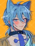 1boy 417_(i7-4i) absurdres ahoge animal_ears bishounen blue_eyes blue_hair blush cat_ears edmond_(nu_carnival) extra_ears eyes_visible_through_hair highres light_blue_hair looking_at_viewer low_ponytail male_focus nu_carnival orange_background portrait smile twitter_username 