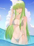  1girl absurdres adjusting_hair artist_name bangs bikini breasts c.c. cleavage code_geass collarbone dated green_hair grey_bikini hair_between_eyes highres long_hair looking_at_viewer medium_breasts navel nekomow outdoors parted_lips sidelocks skindentation smile solo swimsuit very_long_hair wading water wet yellow_eyes 