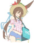  1girl :d amiya_(arknights) arknights bag blue_ribbon blue_shorts blush brown_hair brown_headwear closed_eyes cowboy_shot cropped_legs duffel_bag ears_through_headwear flower hair_between_eyes hat hat_flower holding holding_bag jewelry long_hair multiple_rings neck_ring official_alternate_costume open_mouth ponytail red_flower ribbon ring satou_kibi short_shorts shorts shoulder_bag simple_background smile solo straw_hat sun_hat thighlet thumb_ring very_long_hair white_background 