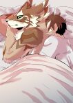  abs anthro bed bedding blanket brown_body brown_fur brown_hair canid canine canis clothing duo embrace fur furniture green_eyes hair hi_res hug human human_on_anthro interspecies jackal lifewonders lying lying_on_bed male male/male mammal muscular muscular_anthro muscular_male nokia1124_a on_bed seth_(tas) shirt tokyo_afterschool_summoners topwear video_games white_body white_clothing white_fur white_shirt white_topwear 