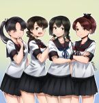  4girls ayanami_(kancolle) ayanami_kai_ni_(kancolle) black_eyes black_hair black_sailor_collar black_skirt blue_neckerchief braid brown_eyes brown_hair brown_neckerchief english_commentary hair_between_eyes hair_over_shoulder highres isonami_(kancolle) isonami_kai_ni_(kancolle) kantai_collection kazaharu_matsuhata long_hair multiple_girls neckerchief pleated_skirt sailor_collar school_uniform serafuku shikinami_(kancolle) shikinami_kai_ni_(kancolle) short_hair side_ponytail sidelocks single_braid skirt standing twin_braids uranami_(kancolle) uranami_kai_ni_(kancolle) 