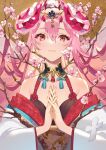  1girl absurdres bangs branch cherry_blossoms closed_mouth hair_between_eyes hands_up highres horns interlocked_fingers long_hair looking_at_viewer off_shoulder original own_hands_together pink_hair red_eyes second-party_source solo teffish upper_body 