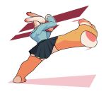  3_toes action_pose anthro bailey_(dabbledraws) bottomwear clothing colored dabbledraws ear_piercing eyelashes feet female jacket kick knee_highs lagomorph legwear leporid mammal miniskirt piercing pose rabbit simple_background skirt solo speed_lines toes topwear 