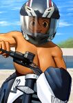  1girl :p blue_sky breasts cessa convenient_censoring dark-skinned_female dark_skin ground_vehicle hair_between_eyes helmet large_breasts looking_at_viewer motor_vehicle motorcycle motorcycle_helmet original outdoors sky solo tongue tongue_out topless wet 
