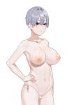  1girl absurdres arm_at_side armpits bangs bikini bikini_bottom_only black_eyes blunt_bangs blush breasts cleavage collarbone covered_clitoris cowboy_shot fffukuzawa grey_hair groin hair_between_eyes hand_on_hip highres large_areolae large_breasts linea_alba looking_at_viewer navel original parted_lips partially_visible_vulva pink_lips puffy_nipples pussy pussy_peek short_eyebrows short_hair side-tie_bikini simple_background solo standing swimsuit thong_bikini topless white_background white_bikini 