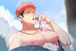  1boy :o bara bare_pectorals black_jacket brown_eyes cloud day facial_mark highres holding holding_whistle itadori_yuuji jacket jujutsu_kaisen large_pectorals looking_away male_focus mawaru_(ajan) muscular muscular_male nipple_piercing nipples off_shoulder outdoors pectorals piercing pink_hair short_hair sky solo undercut upper_body whistle whistle_around_neck 