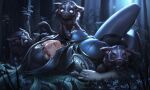  1girl blue_bodysuit blue_hair bodysuit breasts closed_eyes closed_mouth dota_(series) dota_2 fangs forest gloves grass helmet highres lion lips long_hair looking_at_viewer luna_(dota) lying nature night on_back outdoors purple_eyes sleeping smile solo tree white_gloves yuwei_li 