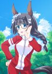  alternate_costume animal_ears black_hair blue_eyes blush braid breasts cloud commentary_request fuji_tooya glasses hair_ornament highres horse_ears jacket large_breasts long_hair looking_to_the_side open_mouth pose side_braid sky track_jacket tree umamusume zenno_rob_roy_(umamusume) 