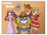  bai_53 blue_eyes boots cowboy_hat dress gun hat highres mona_(warioware) orange_hair pink_dress princess_shokora red_dress red_footwear shokora-hime wario wario_land warioware weapon 