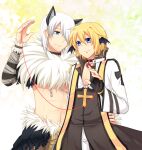 2boys animal_ears arch_bishop_(ragnarok_online) bangs black_cape black_choker black_gloves black_jacket black_wings blonde_hair blue_eyes brown_coat brown_pants cape cat_ears chain choker closed_mouth coat commentary_request cowboy_shot cropped_jacket cross cross_necklace demon_wings fingerless_gloves fur_collar gloves hair_between_eyes hair_over_one_eye head_wings jacket jewelry long_sleeves looking_at_another multiple_boys necklace oruserug pants ragnarok_online shadow_chaser_(ragnarok_online) short_hair shrug_(clothing) smile string string_of_fate waist_cape white_hair white_jacket white_pants wings yaoi 