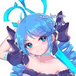  1girl :3 bangs bare_shoulders black_bow black_dress blue_hair blush bow breasts collarbone commission detached_sleeves dress drill_hair green_eyes gwen_(league_of_legends) hair_bow heart holding holding_scissors large_bow league_of_legends long_hair momikodayo oversized_object puffy_short_sleeves puffy_sleeves scissors shiny shiny_hair short_sleeves smile solo strapless strapless_dress twin_drills twintails 