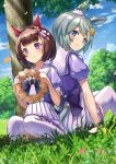  animal_ears black_hair blue_eyes commentary_request grass grey_hair hair_ornament head_wreath highres horse_ears horse_girl looking_at_viewer nishino_flower_(umamusume) petals purple_eyes school_uniform seiun_sky_(umamusume) short_hair sitting smile thighhighs tracen_school_uniform tree umamusume x_hair_ornament yu_ni_t 