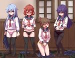  4girls akatsuki_(kancolle) black_legwear black_panties black_sailor_collar blue_eyes blue_skirt brown_eyes brown_hair folded_ponytail hair_between_eyes hibiki_(kancolle) highres holding holding_clothes holding_skirt ikazuchi_(kancolle) inazuma_(kancolle) kantai_collection kneehighs light_blue_hair long_hair miniskirt multiple_girls neckerchief panties panties_under_pantyhose pantyhose pink_panties pleated_skirt purple_eyes purple_hair red_neckerchief sailor_collar school_uniform serafuku shirt short_hair sidelocks skirt skirt_removed standing thighhighs unagiman underwear white_shirt yellow_panties 