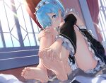  1girl barefoot blue_eyes blue_hair curtains detached_sleeves eyes_visible_through_hair feet hair_ornament highres indoors looking_at_viewer maid mameroku pink_ribbon re:zero_kara_hajimeru_isekai_seikatsu rem_(re:zero) ribbon short_hair sitting soles solo thighs window x_hair_ornament 