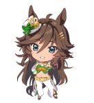  1girl ahoge animal_ears bandeau bangs brown_hair chibi cropped_jacket full_body green_eyes hair_ornament hairclip hat heart horse_ears horse_girl horse_tail jacket long_hair looking_at_viewer midriff mini_hat mini_top_hat misu_kasumi mr._c.b._(umamusume) navel outstretched_arm pants reaching_out shoes simple_background smile solo tail teeth top_hat umamusume white_background white_jacket white_pants 
