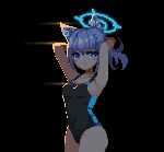  1girl animal_ear_fluff animal_ears arms_behind_head arms_up black_background black_swimsuit blue_archive blue_eyes breasts bright_pupils cat_ears closed_mouth collarbone commentary cowboy_shot grey_hair halo kuro_(white23091p) long_hair looking_at_viewer lowres medium_breasts mismatched_pupils one-piece_swimsuit pixel_art shiroko_(blue_archive) simple_background slit_pupils solo swimsuit symbol-only_commentary white_pupils 