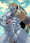  abs anthro ball_tuft balls bandai_namco belt biceps big_penis black_nose blue_balls blue_body claws digimon digimon_(species) erection ergoruz genitals hi_res horn male mostly_nude muscular muscular_anthro muscular_male nipples pecs penis pet shell solo teeth tuft zudomon 