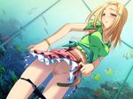  aquarium black_panties blonde_hair blouse blush censored fish green_blouse hair_ornament hairclip horiuchi_sana mosaic_censoring murakami_suigun panties panty_pull pia_carrot_(series) pia_carrot_e_youkoso!! pink_skirt pussy skirt skirt_lift solo underwear upskirt 