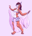  4_toes 5_fingers barefoot belly_dancer bra breasts caracal caracal_(genus) clothed clothing dancing digital_media_(artwork) felid feline female fur grin hair lingerie looking_at_viewer mammal natalie_(warlus) navel smile solo toes underwear warlus 