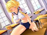  blonde_hair blush bomi breasts classroom closed_eyes covered_nipples crotch_rub desk game_cg gym_uniform hand_under_clothes hand_under_shirt indoors jewelry large_breasts masturbation navel orphelia_gabriel princess_knight_noah pussy_juice ring school_desk self_fondle shirt solo table_sex 