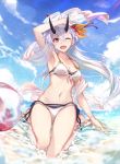  1girl ;d arm_up armpits ball bangs beach beachball bikini bikini_under_clothes blurry blurry_background blush breasts casual cleavage cloud collarbone day earrings fate/grand_order fate_(series) flower glint hair_between_eyes hair_flower hair_ornament hair_ribbon horns jewelry kneeling large_breasts long_hair looking_at_viewer m-ya ocean one_eye_closed oni_horns open_mouth outdoors partially_submerged ponytail red_eyes ribbon see-through shawl side-tie_bikini silver_hair smile solo splashing stomach swimsuit thighs tomoe_gozen_(fate/grand_order) transparent twitter_username very_long_hair water_drop wet white_bikini 