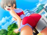  ass breasts brown_hair crotch_rub duplicate game_cg masturbation medium_breasts nipples okanobu_saki open_mouth outdoors pee peeing purple_eyes pussy_juice saliva settai_club short_hair solo sportswear 