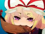  1girl blonde_hair face fellatio gap glory_hole hat hetero looking_at_viewer mota naughty_face no_nose oral penis purple_eyes saliva solo_focus touhou yakumo_yukari 